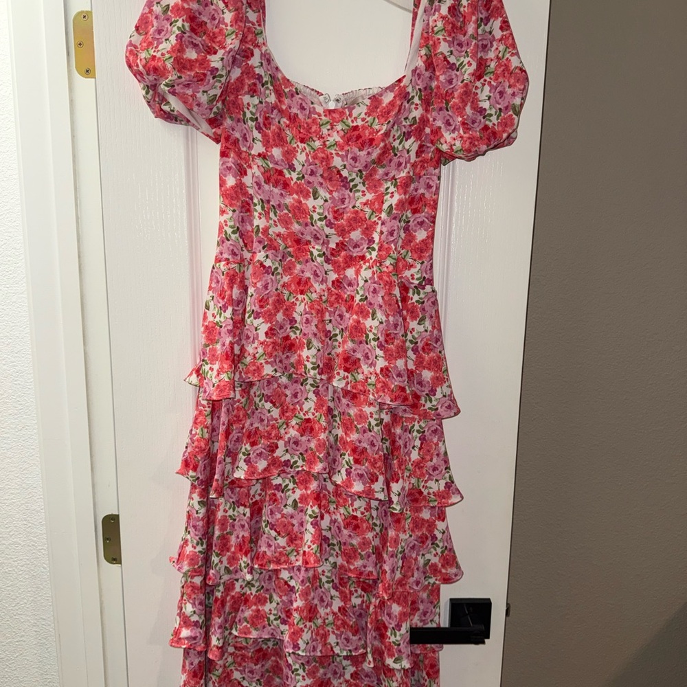 Wayf Pink Red Floral Ruffle Midi Dress